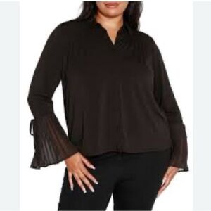 Belldini Black Label Button-Up Blouse MED Black Pleated Flared Cuffs Loose Fit